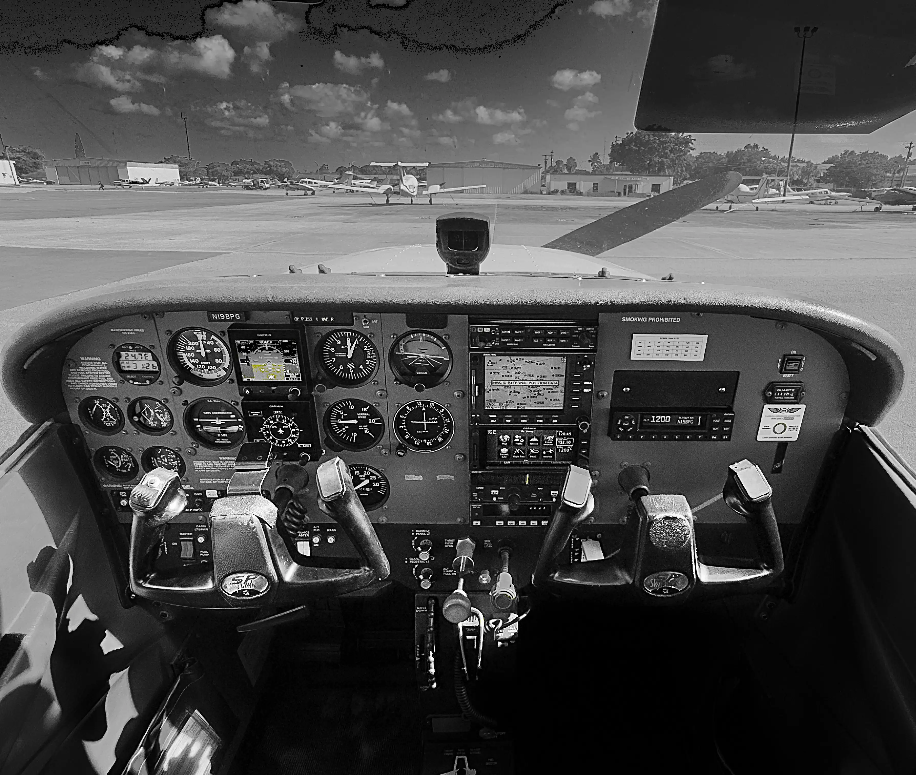 sun city aviation instruments panel of a commercial airline airplane cockpit