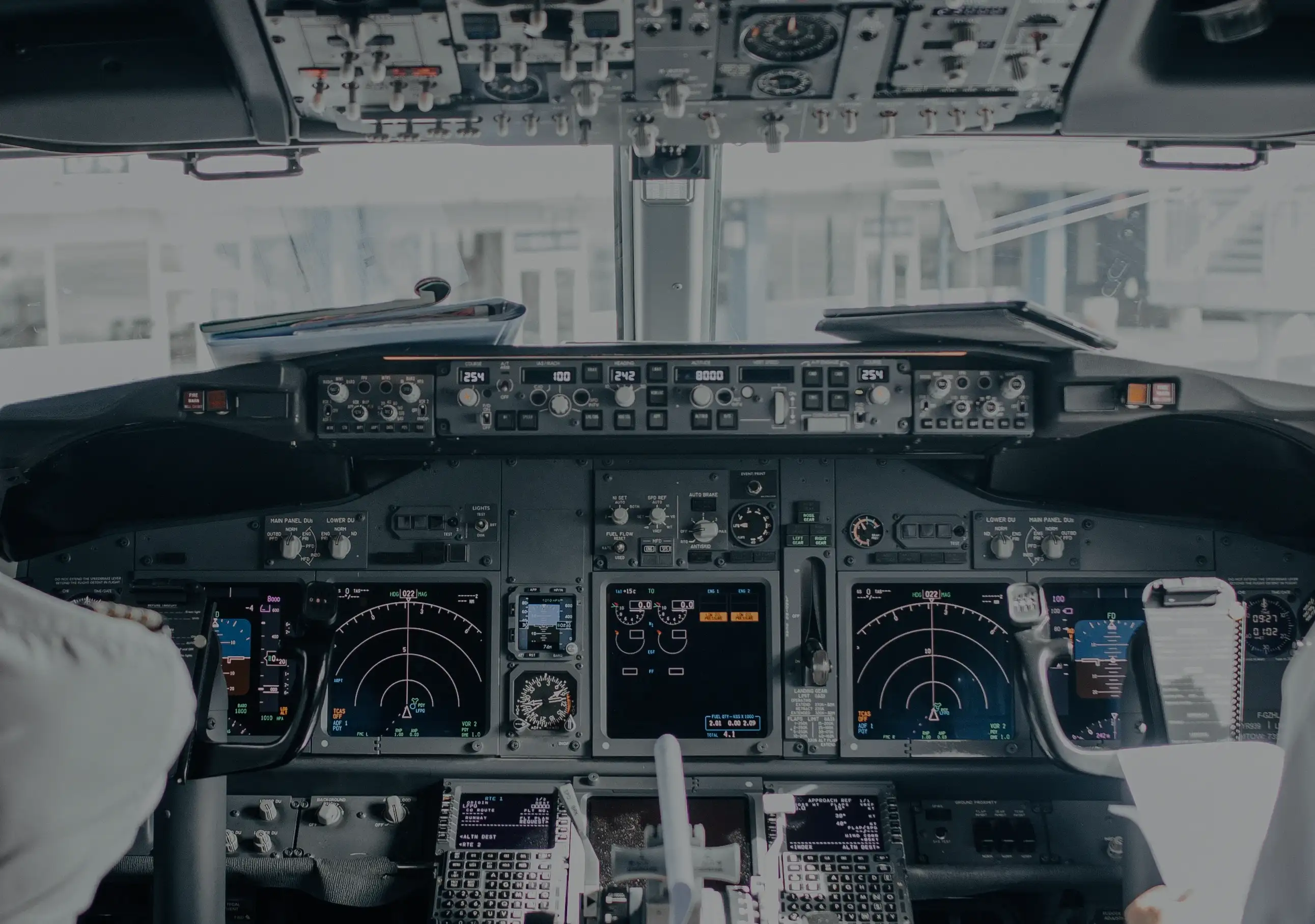 sun city aviation instruments panel of a commercial airline airplane cockpit